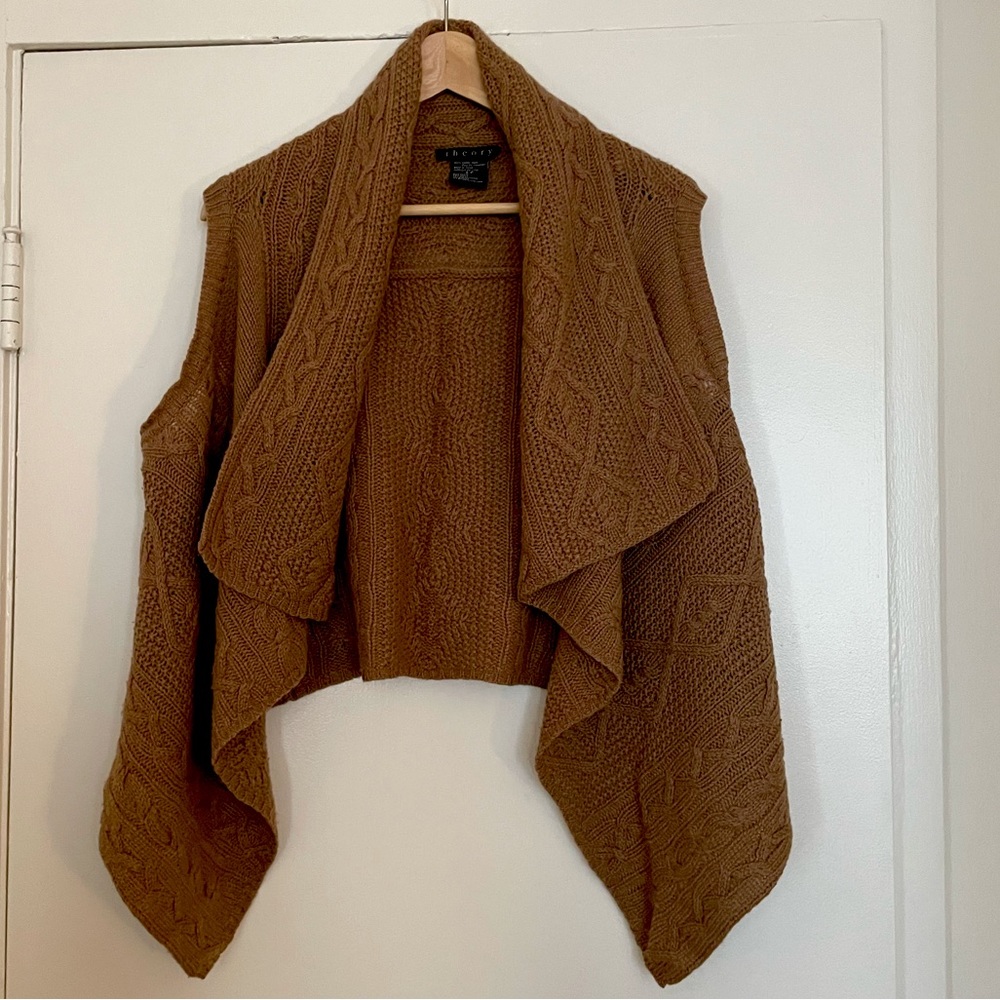 Theory Camel Hair Cable Knit Shawl Vest Gem